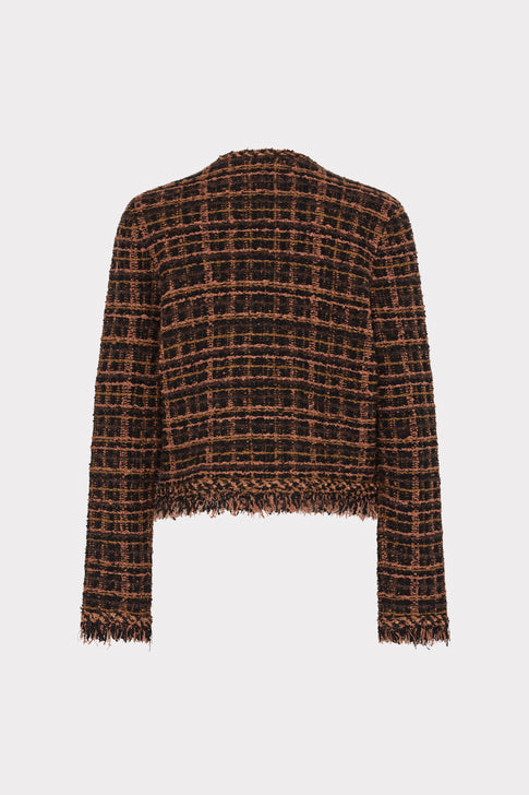 Brown Black Tweed Fringe Cardigan Jacket - Fringe Hem & Back View Detail | MILLY