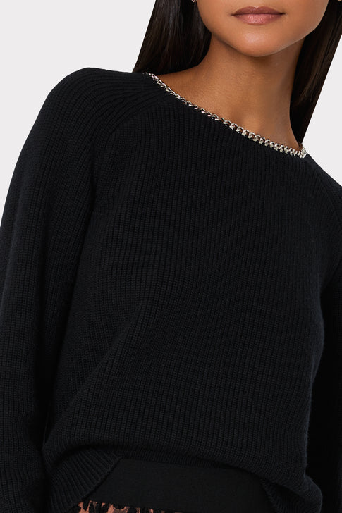 Black Ribbed Knit Sweater Silver Chain Trim Close-Up Detail - On Model | MILLY