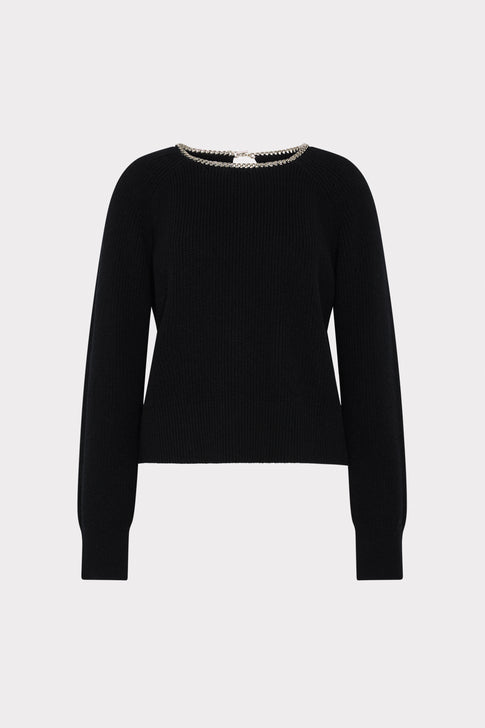 Black Ribbed Knit Sweater with Silver Chain Neckline - Front Flat Lay | MILLY