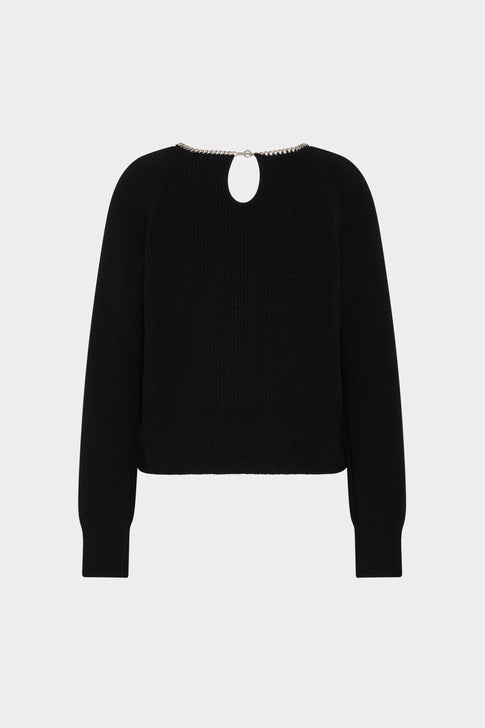 Black Luxury Knit Sweater with Chain Trim and Keyhole Back - Back View | MILLY