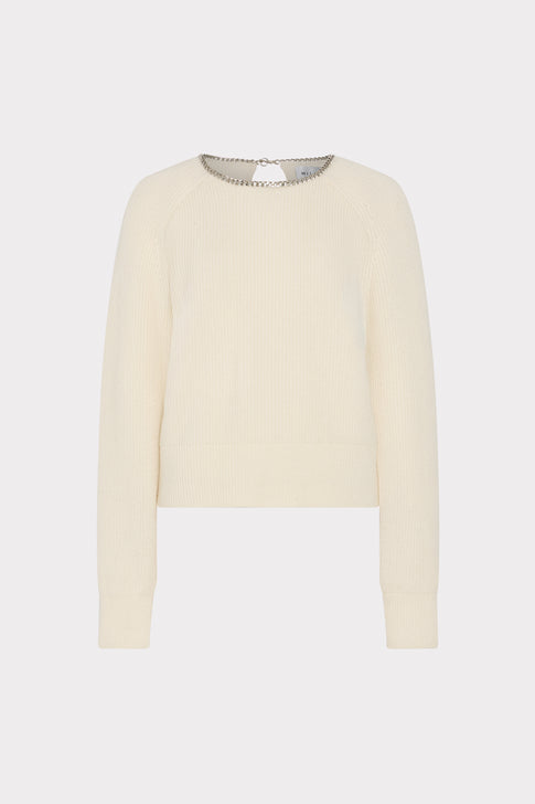 Ecru Ribbed Knit Sweater with Silver Chain Neckline - Front Flat View | MILLY