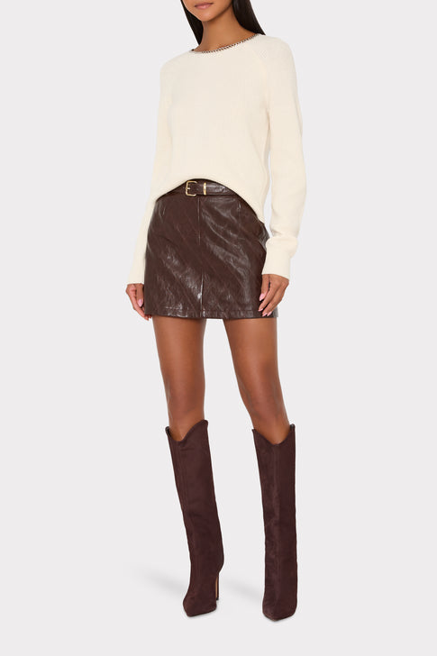 Ecru Designer Knit Sweater Styled with Brown Leather Mini Skirt - On Model | MILLY