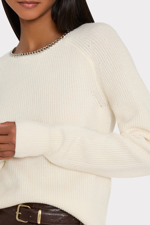 Ecru Luxury Knit Sweater Ribbed Texture with Chain Trim - Front Detail On Model | MILLY