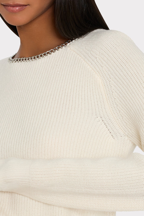 Ecru Ribbed Knit Sweater Silver Chain Neckline Detail - Close-Up On Model | MILLY