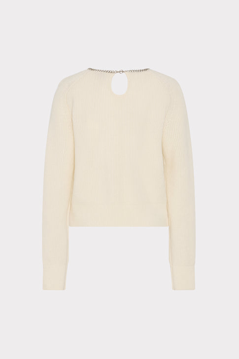 Ecru Ribbed Knit Sweater Chain-Trim Keyhole Back - Rear Flat View | MILLY