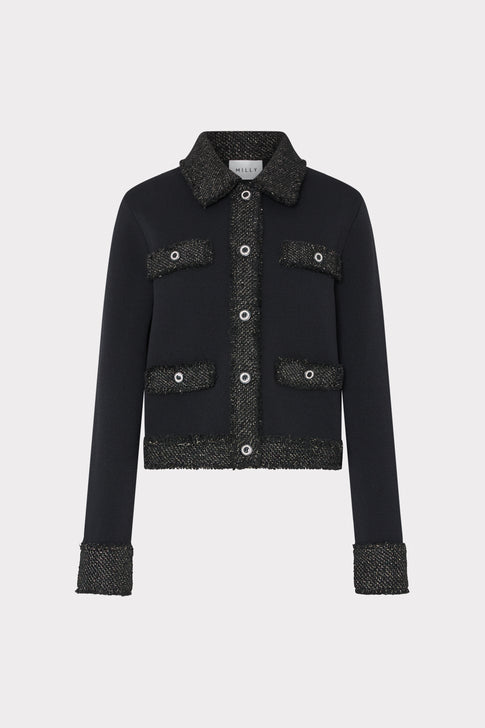 Black Knit Cardigan Jacket with Metallic Boucle Trim - Front Flat View | MILLY