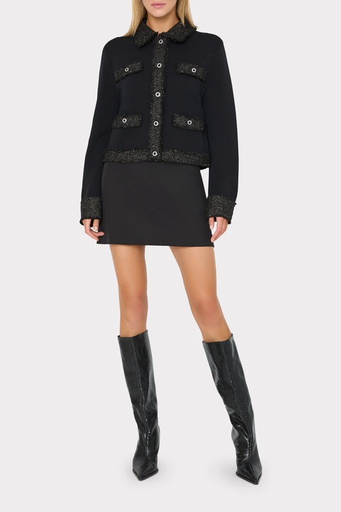 Black Elegant Cardigan Jacket on Model with Mini Skirt and Knee Boots - Full Length | MILLY
