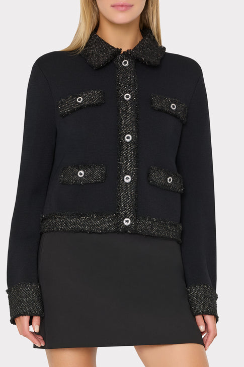 Black Designer Cardigan Jacket On Model - Cropped Front View with Four-Pocket Detail | MILLY