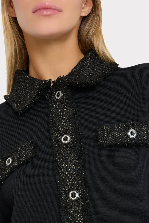 Black Knit Cardigan Jacket - Collar and Metallic Boucle Trim Close-Up Detail | MILLY