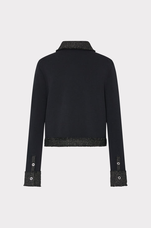 Black Knit Cardigan Jacket with Metallic Fringe Hem - Back Flat View | MILLY