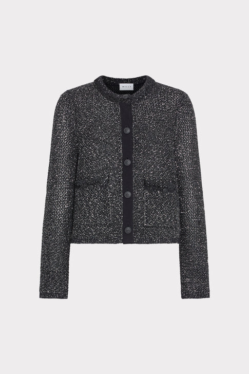 Black Sequin Knit Cardigan Jacket - Front Flat Lay | MILLY