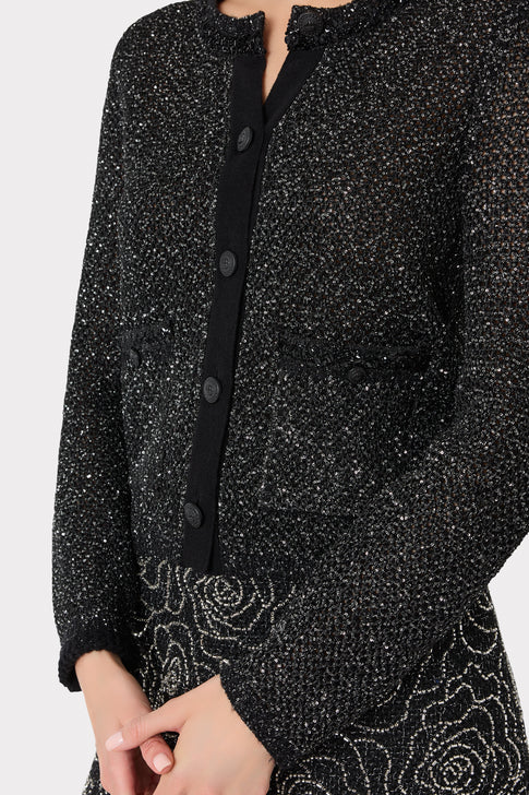 Black Sequin Knit Cardigan Jacket - Button & Pocket Close-Up Detail | MILLY