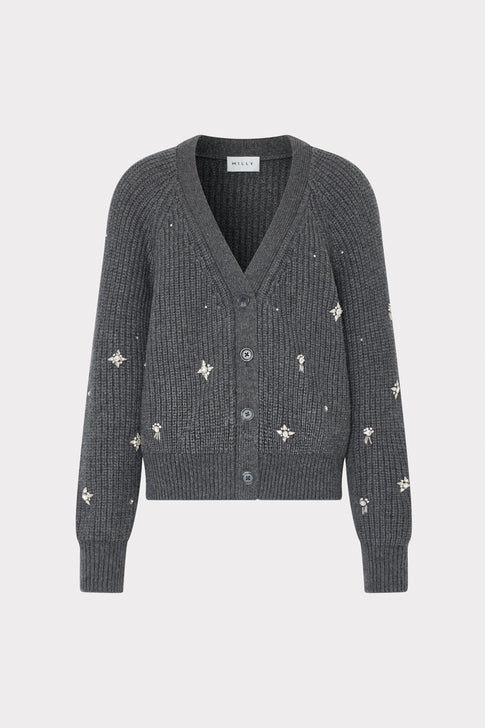 Dark Grey Embellished Knit Cardigan - Front View, Crystal Floral Details | MILLY
