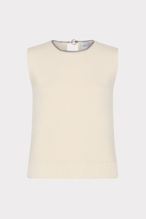 Ecru Knit Sleeveless Top with Silver Chain Neckline - Front View | MILLY
