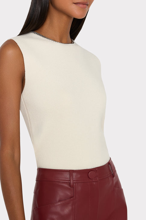 Ecru Luxury Knit Top On Model - Side Profile Close-Up with Chain Neckline Detail | MILLY