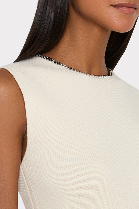 Ecru Knit Sleeveless Top - Chain Neckline and Keyhole Back Detail Close-Up | MILLY