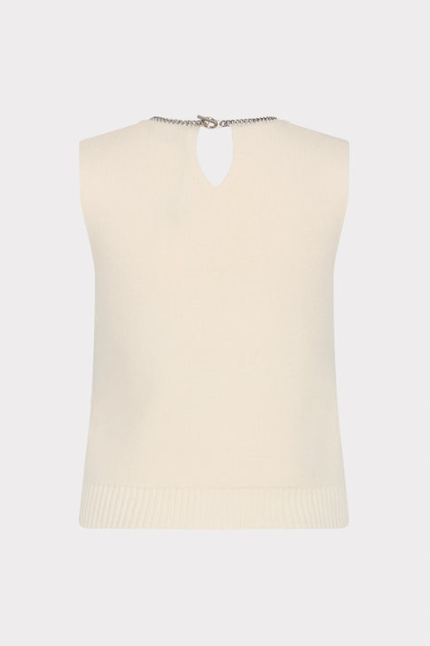 Ecru Elegant Knit Top with Silver Chain and Keyhole Back - Back View | MILLY
