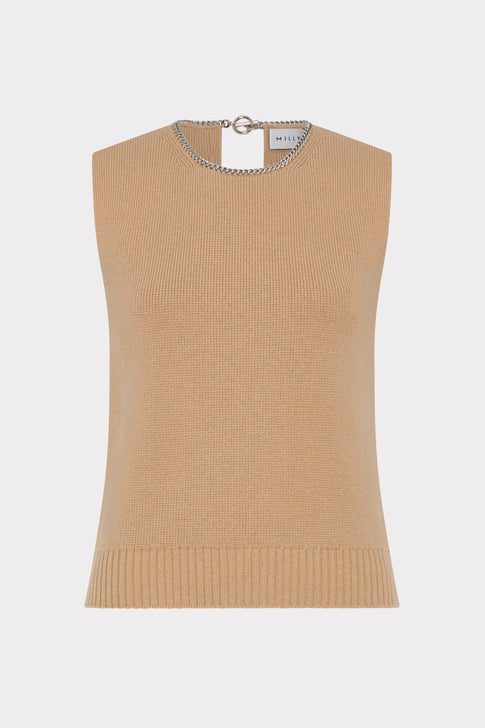 Light Camel Knit Sleeveless Top with Silver Chain Detail - Front View | MILLY