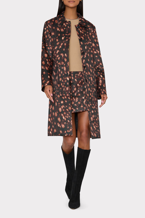 Light Camel Knit Top Layered Under Printed Coat - Styled Look On Model | MILLY