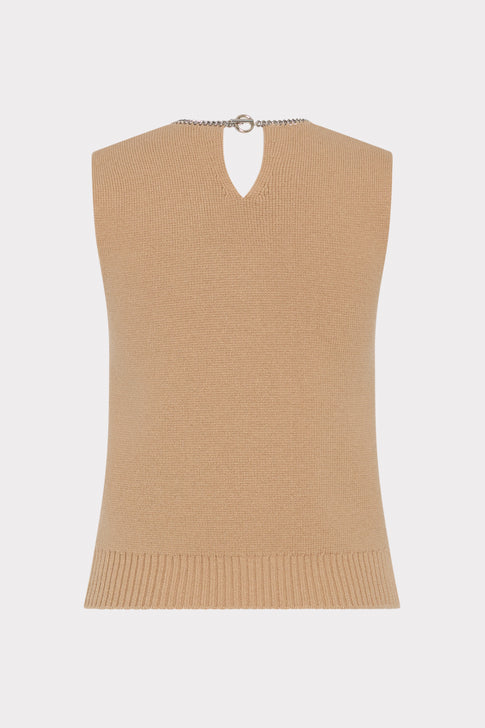 Light Camel Luxury Knit Top with Keyhole Back and Chain Detail - Back View | MILLY