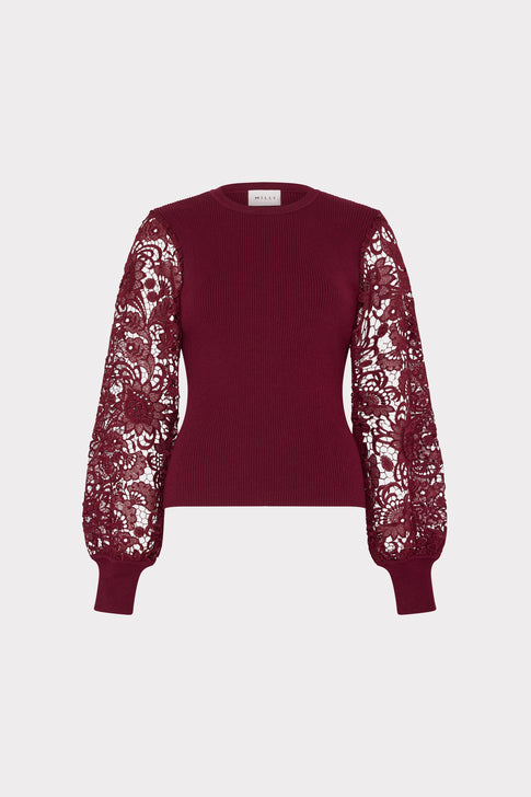 Burgundy Knit Lace Sleeve Sweater - Front Flat View | MILLY