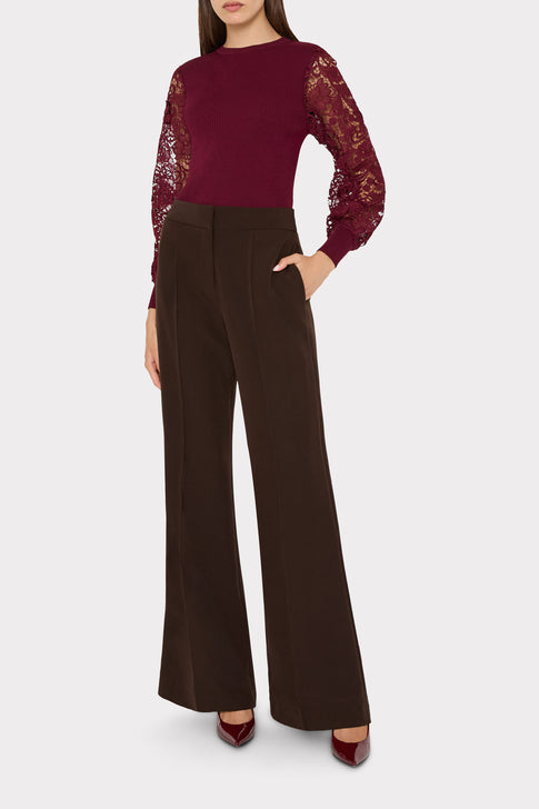 Burgundy Josette Lace Sleeve Sweater On Model, Styled with Wide-Leg Trousers | MILLY