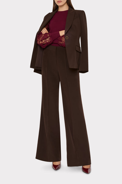 Burgundy Elegant Knit Lace Sweater - Full Styled Look with Blazer, Front View | MILLY
