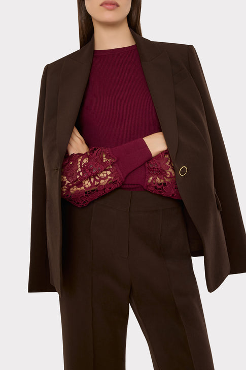 Burgundy Lace Sleeve Sweater Layered Under Brown Blazer - Desk to Dinner Styled Look | MILLY