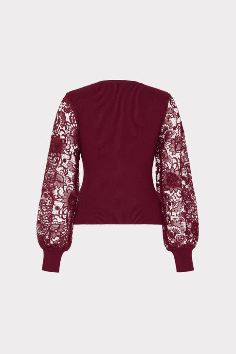 Burgundy Knit Lace Sleeve Sweater - Back View Showing Floral Lace Detail | MILLY
