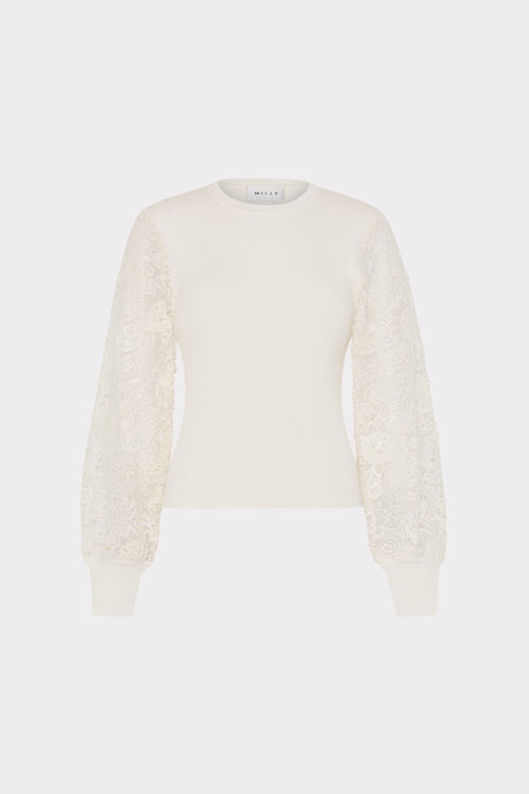 Ecru Knit Lace Sleeve Sweater - Front Flat View | MILLY