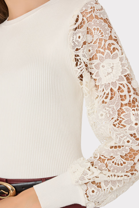 Ecru Knit Sweater Floral Lace Sleeve Close-Up Detail - Designer Knit Top | MILLY
