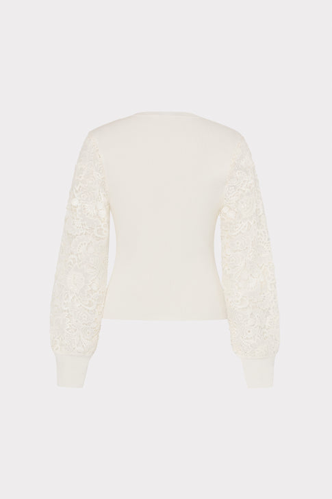 Ecru Josette Lace Sleeve Sweater - Back View | MILLY