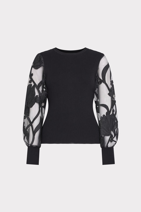 Black Floral Embroidered Mesh Sleeve Knit Pullover - Front Flat View | MILLY