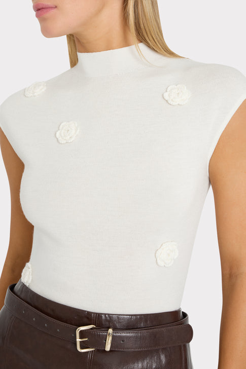 Ecru Elegant Knit Top - 3D Floral Appliqué Close-Up Detail | MILLY