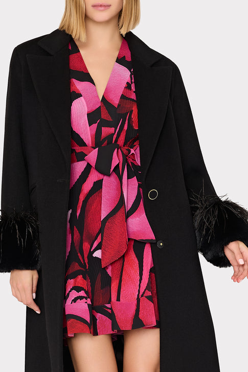 Black Elegant Coat with Feather Trim - Close Up Detail | MILLY
