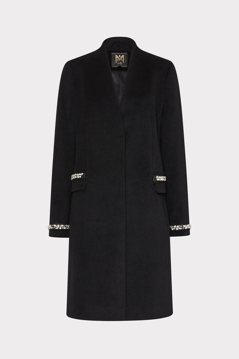 Embellished Trim Long Coat Black Image 1 of 4