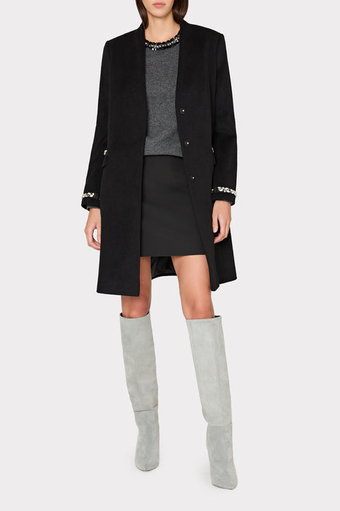 Embellished Trim Long Coat Black Image 2 of 4