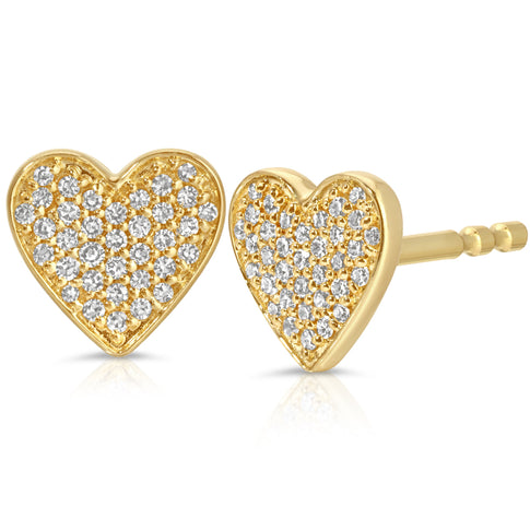 14K Yellow Gold Pavé Diamond Heart Stud Earrings - Front View | MILLY