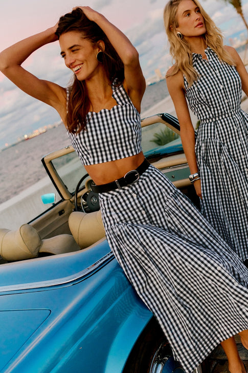 Two Women in Black White Gingham Mia and Robin Set by Blue Vintage Car - Lifestyle | MILLY