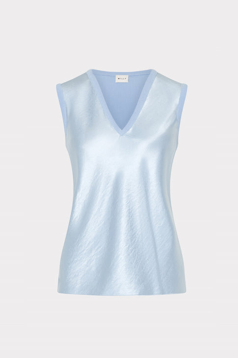 Satin Knit Combination V-Neck Top Light Blue Image 1 of 5
