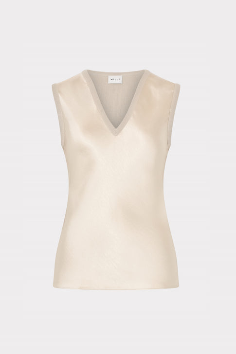 Satin Knit Combination V-Neck Top Beige Image 1 of 5