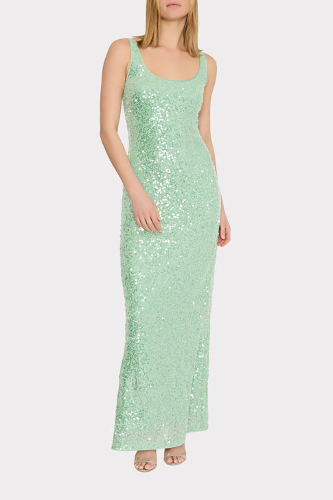 Green Tatum sequin dress on model - Front View | MILLY