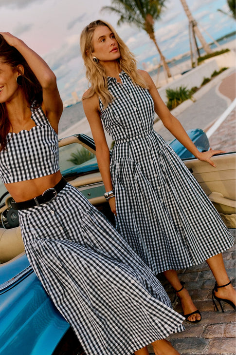 Elegant Gingham Midi Dresses - Vintage Car Lifestyle Scene | MILLY