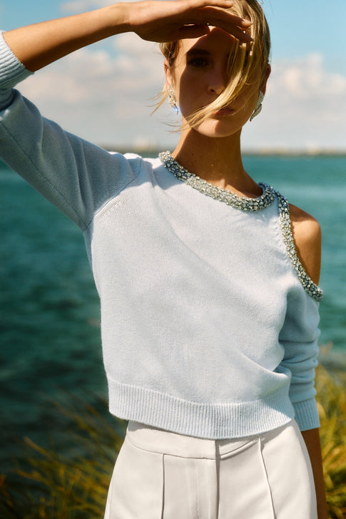 Light Blue Roma Crystal Sweater Styled by Ocean - Luxury Resort Wear | MILLY