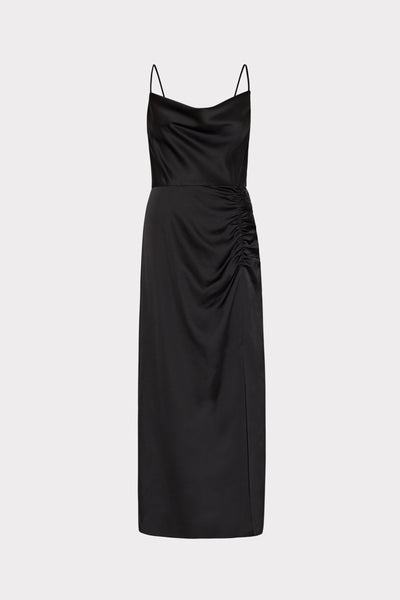 Lilliana Sleeveless Satin Midi Slip Dress in Black | MILLY