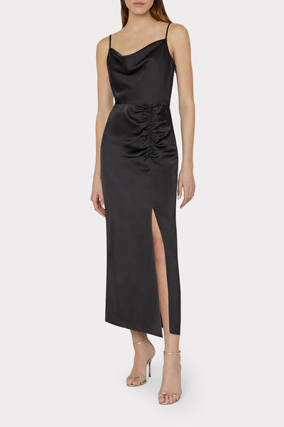 Lilliana Sleeveless Satin Midi Slip Dress in Black | MILLY
