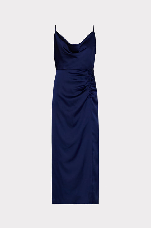 Lilliana Sleeveless Satin Midi Slip Dress in Navy | MILLY