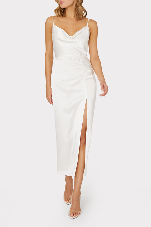 Lilliana Sleeveless Satin Midi Slip Dress in White