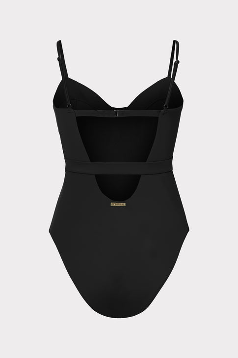 Solid Belted Spaghetti Strap One-Piece Swimsuit in Black