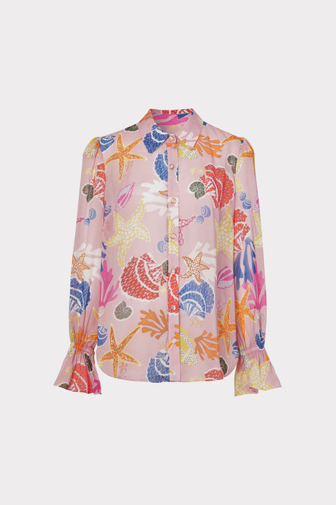 Lacey Seashell Print Button Down Top